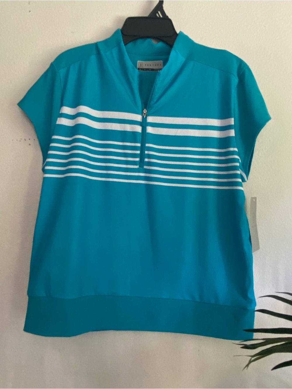 PGA Teal Striped Zip-Front Golf Top
